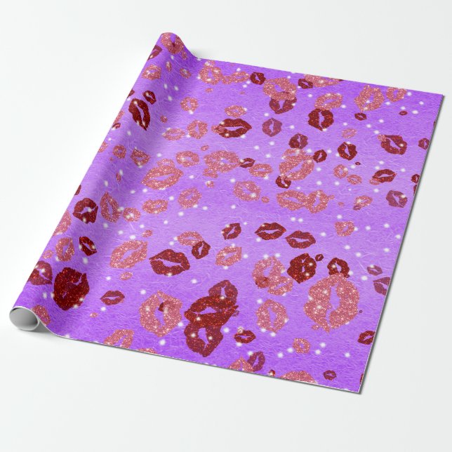 Presente Beijos vermelhos e rosa em papel de embalagem roxo (Desenrolado)