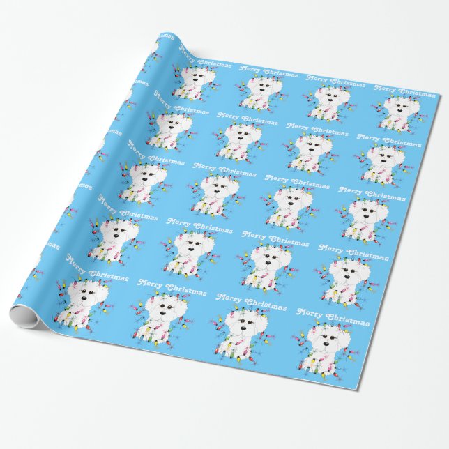 Presente Bichon Frise ilumina o papel de envolvimento do (Desenrolado)
