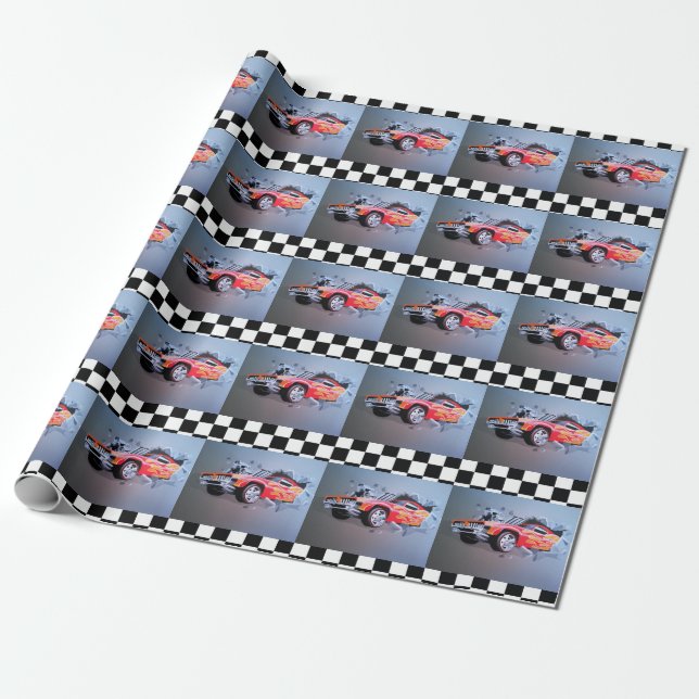 Presente Carro Travando Através Do Papel De Embalagem De Pa (Desenrolado)