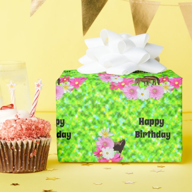 Presente Cavalos E Flores, Papel De Maçã De Aniversário (Festa de aniversário)