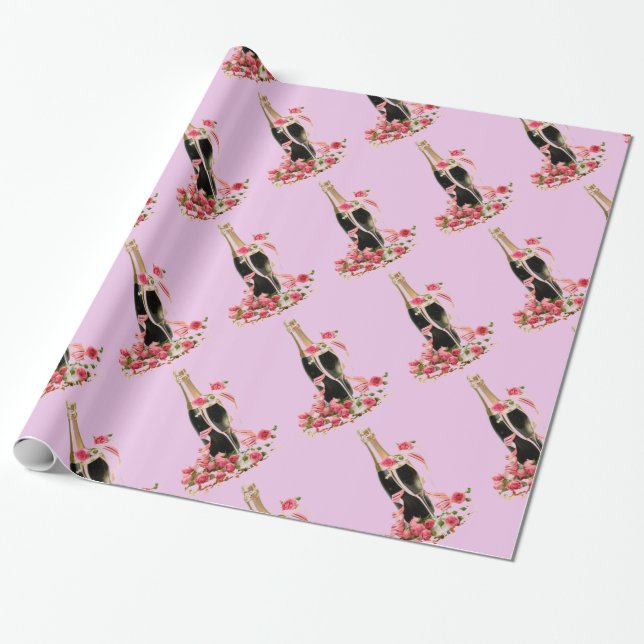Presente Champanhe e papel de enrolamento cor-de-rosa (Desenrolado)