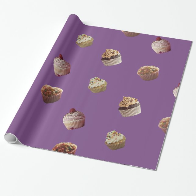 Presente Cupcakes, papel de envolvimento lustroso roxo (Desenrolado)