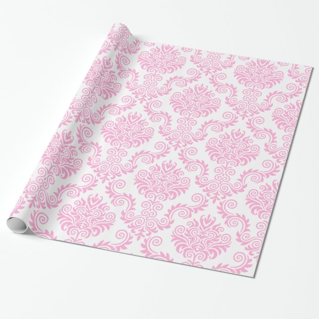 Presente Damask branco e rosa| Papel de embalagem (Desenrolado)