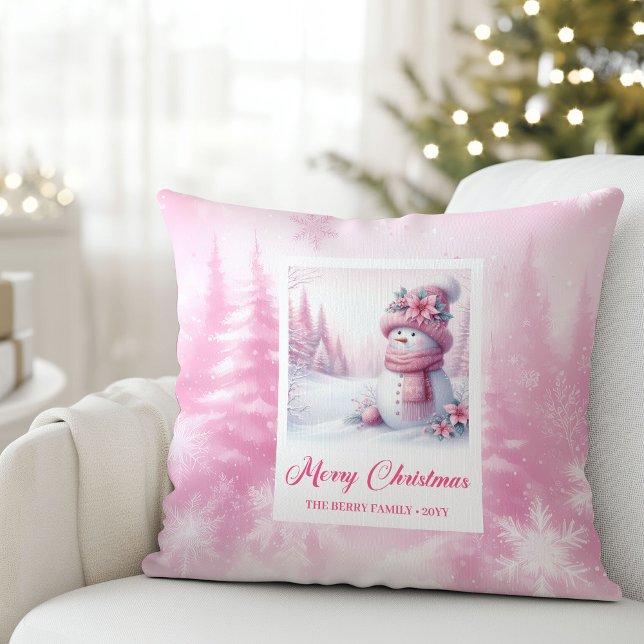 Presente de Almofada Cena de Inverno Floco de Neve (Whimsical Pink Snowman Winter Scene Pillow Gift)