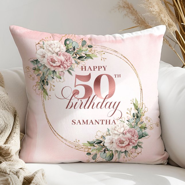 Presente de Almofada de Aniversário de 50 anos em  (Soft Blush Rose Gold 50th Birthday Pillow Gift)