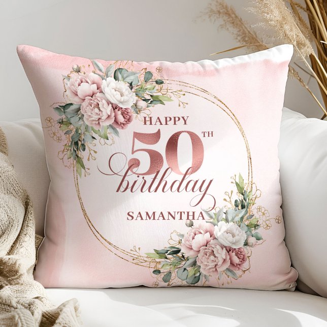 Presente de Almofada de Aniversário de 50 anos em  (Feminine Rose Gold Floral 50th Birthday Pillow Gift)