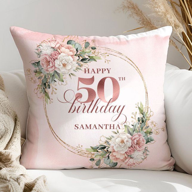 Presente de Almofada de Aniversário de 50 anos Ros (Rose gold floral 50th birthday,
dusty pink blush gold glitter,
opulent Soft pastel   pink flowers, 
)