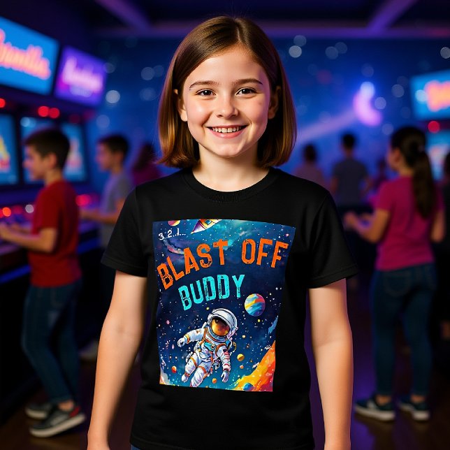Presente de Astronauta Plano de Espaço Profundo Pl (astronaut theme birthday party for kids personalized shirt planets galaxy sky blast off buddy favor)