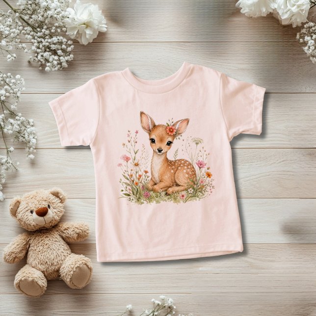 Presente de Bebê Menina Floral Aquarela de Cervo B (Baby Deer with Wildflowers Toddler Baby t-shirt. Also available in baby body suit. )