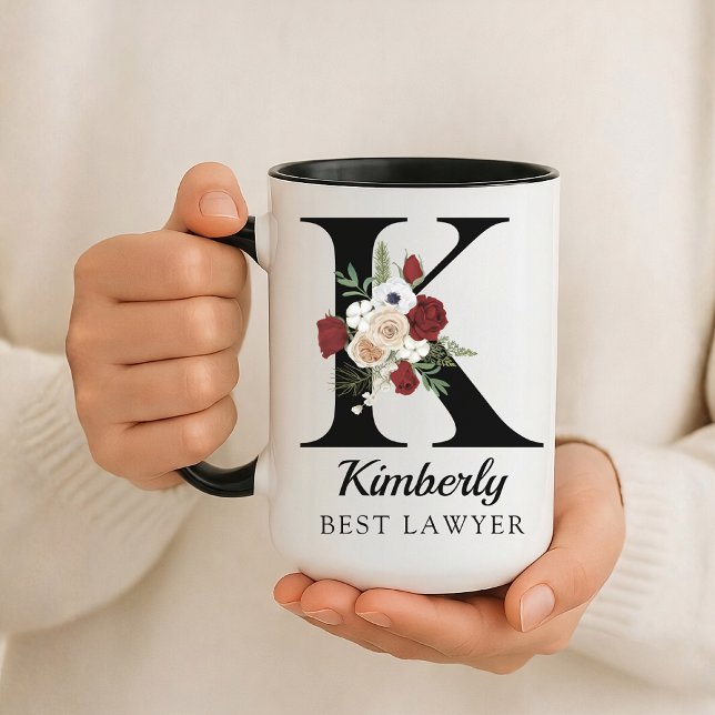 Presente de Caneca Personalizada com Floral Inicia (Personalized Monogram Floral Alphabet Mug for Mom, Grandma, Teacher, Nurse, Lawyer or Bridesmaid)