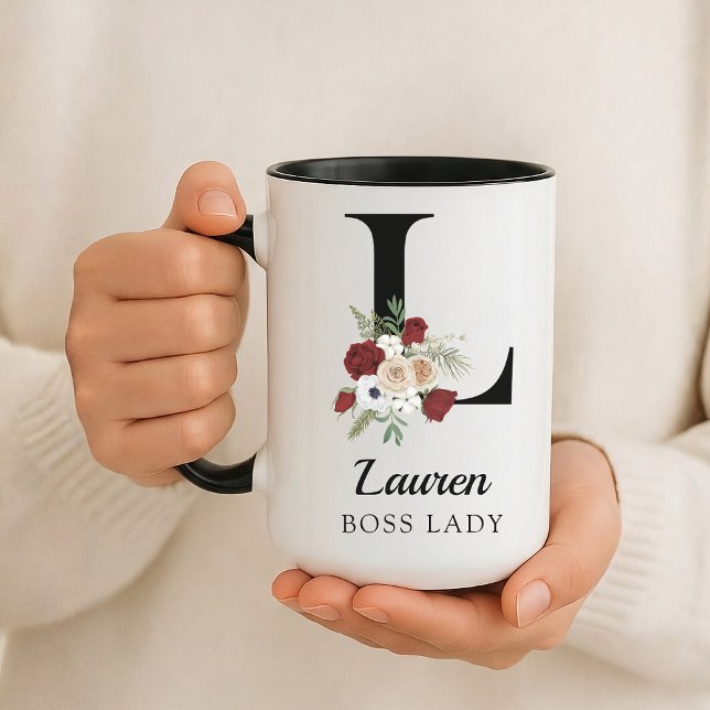 Presente de Caneca Personalizada com Inicial Flora (Personalized Monogram Floral Alphabet Mug for Mom, Grandma, Teacher, Nurse, Lawyer or Bridesmaid)