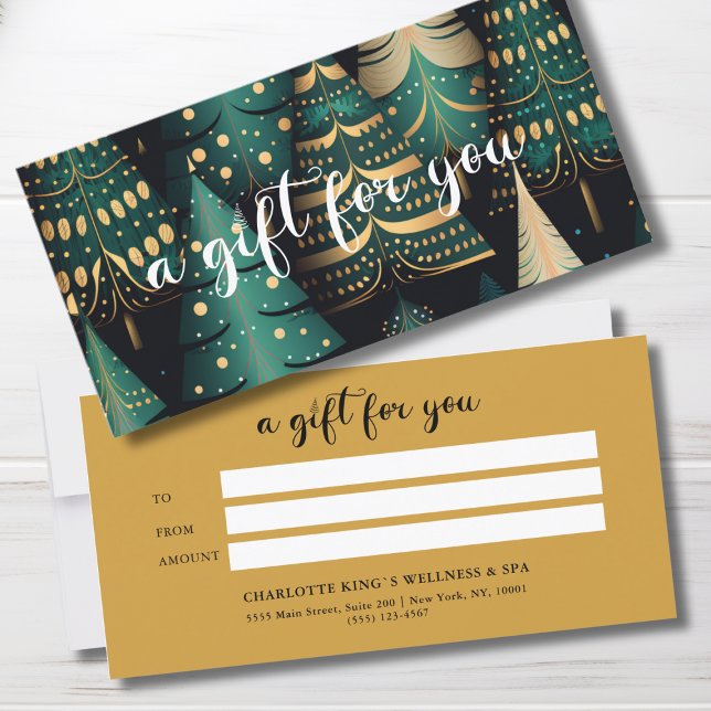 PRESENTE DE CERTIFICADO DE NEGÓCIOS DE ÁRVORE DE N (Salon, Christmas-Tree-Green-Gold- Script Font, Elegant, Festive, Business Gift Certificate "A gift f)