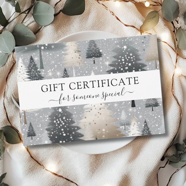 PRESENTE DE CERTIFICADO DE NEGÓCIOS DE ÁRVORE DE N (Modern, Elegant, Christmas Tree-Gray-Beige-Silver-Pattern, Salon, Business, Gift Certificate. 
)