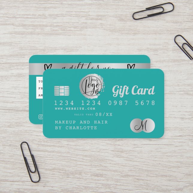 Presente de folha de prata turquesa de cartão de c (Frente/Verso In Situ)