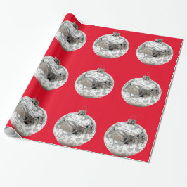 Presente Enfeites prateados em papel de enrolamento vermelh