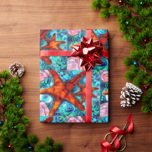 Presente Escoamento de Papel Whimsical Starfish Seashells B (Presente de Natal)