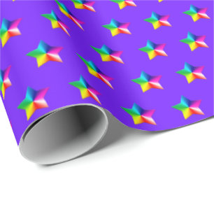 Presente estrelas arco-íris em papel de embalagem roxo