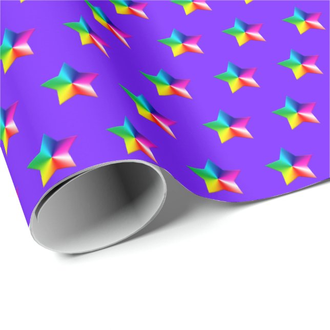 Presente estrelas arco-íris em papel de embalagem roxo (Ponta do rolo)