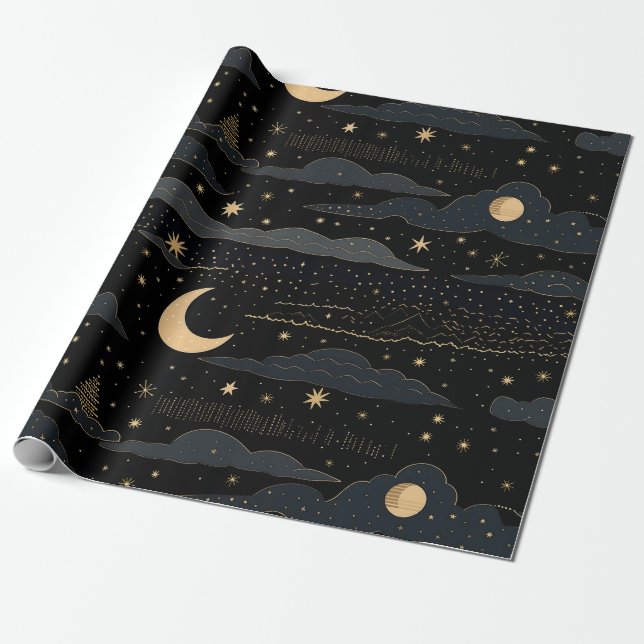Presente Estrelas de ouro e papel de ondulação noturno da L (Desenrolado)