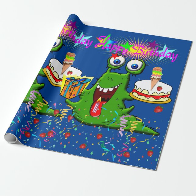 Presente Feliz Aniversário do Monstro do Papel de Envolvime (Desenrolado)