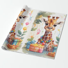 Feliz Girafa com presentes e bolo | Papel de enrol