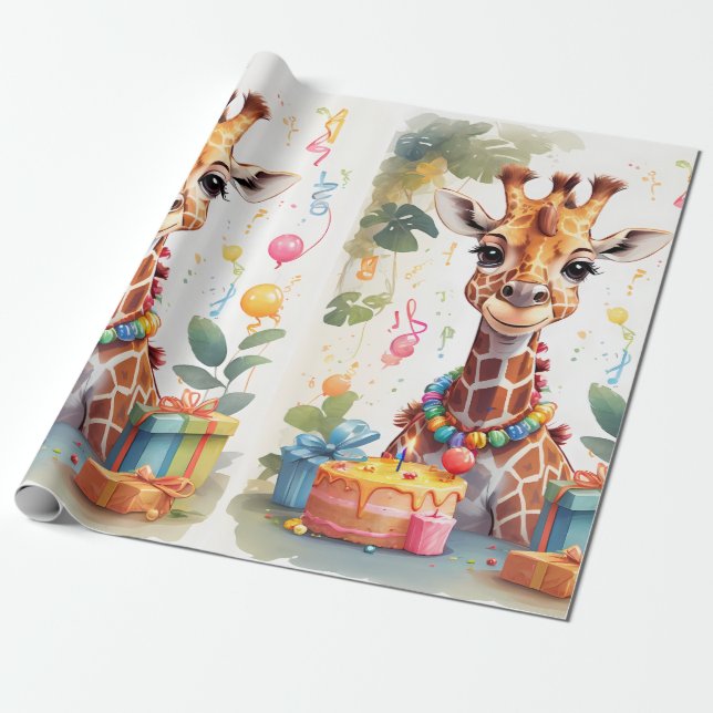 Presente Feliz Girafa com presentes e bolo | Papel de enrol (Desenrolado)