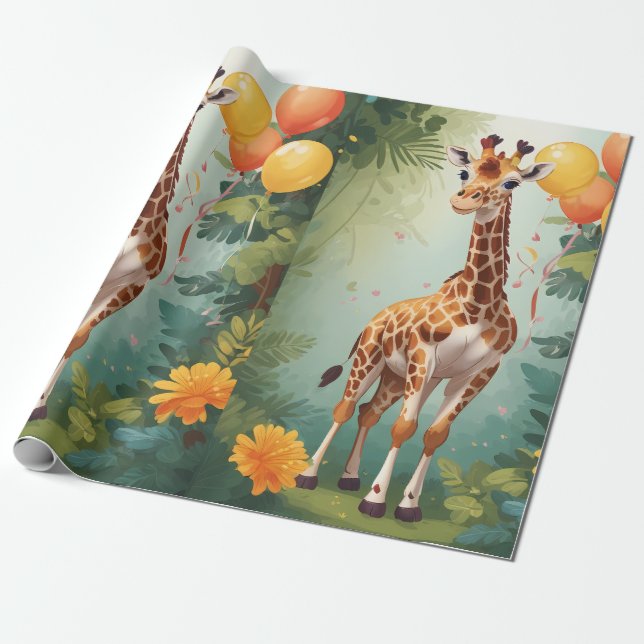 Presente Feliz Girafa e presentes na selva | Papel de enrol (Desenrolado)