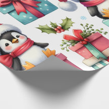 Feliz papel de enrolamento de pinguins presentes