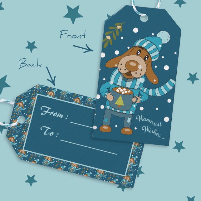 Presente Feriado Azul Pup Natal Para | Da Etiqueta De Prese (Cute cartoon dog with hot cocoa mug Christmas blue gift tags .)