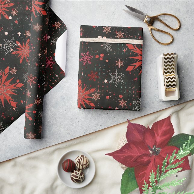 Presente Flocos de neve brancos vermelhos Papel preto (Red White Snowflakes Black Wrapping paper )