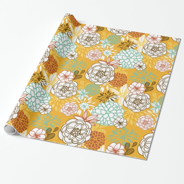 Presente Flores de outono e Folhas de Papel de Embalagem (Desenrolado)