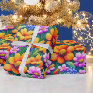 Presente Flores vivas coloridas e pássaros Papel de enrolam