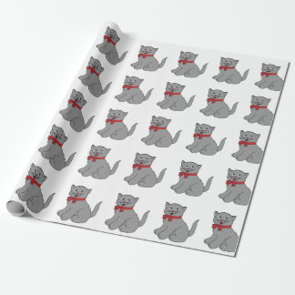 Presente Gato cinzento com papel de envolvimento vermelho