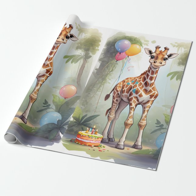 Presente Girafa e Bolo na Selva | Papel de enrolamento (Desenrolado)