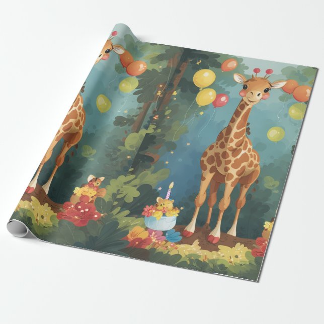 Presente Girafa na selva com bolo | Papel de enrolamento (Desenrolado)