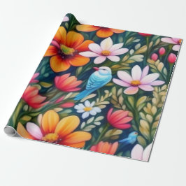 Presente Lindas flores coloridas e pássaros Papel de ondula