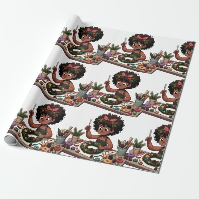 Presente Mala de Natal de menina negra embrulhando papel (Desenrolado)