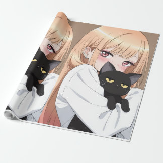 Presente Menina Anime Fofa Abraçando Gato Preto Papel de Pr
