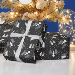 Presente Natal - Neves e Árvores - Papel de Molho Preto
