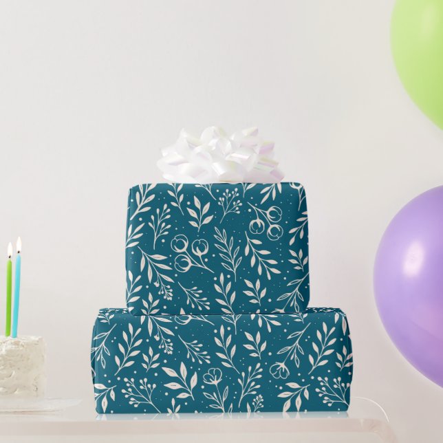 Presente Padrão Botânico Papel Azul Escuro de Enrolamento (Presentes para festas)