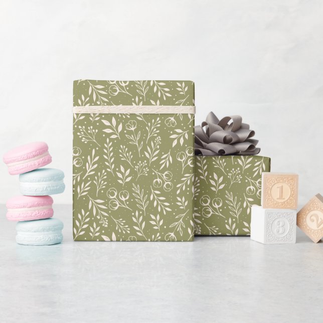 Presente Padrão Botânico Verde-Oliva - Papel de enrolamento (Chá de bebê)