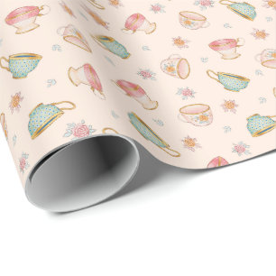 Presente Padrão de Vintage Teacups (Linen) - Papel de enrol
