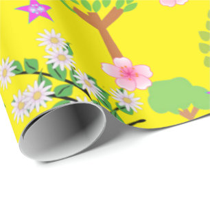 Presente Papel Brilhante, Árvores de Ovelha Amarelo Floral