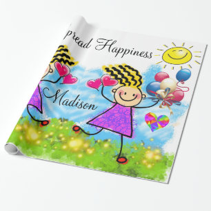 Presente Papel Brilhante, Balões de Meninas Corações Felize