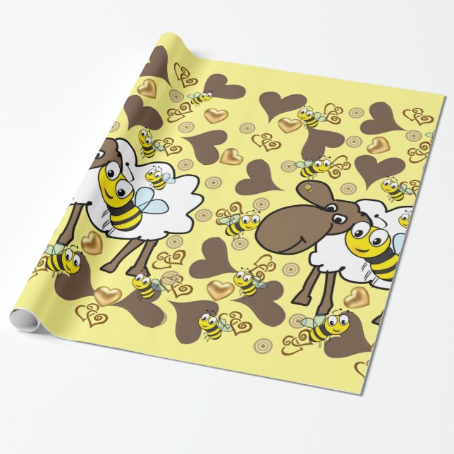 Presente Papel Brilhante, Corações Castanhos De Ovelha (Desenrolado)