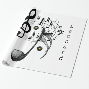 Presente Papel brilhante, notas de música em preto e branco