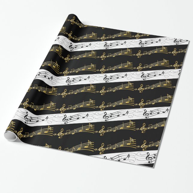 Presente Papel brilhante, notas de música em preto e branco (Desenrolado)