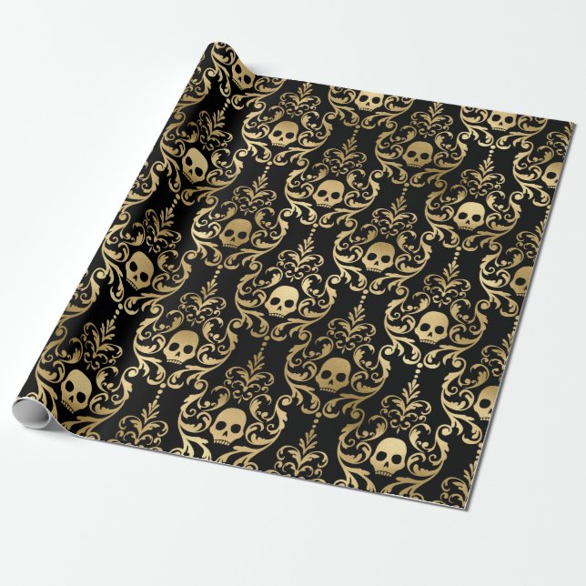 Presente Papel Damasco de Halloween Preto e Dourado (Desenrolado)