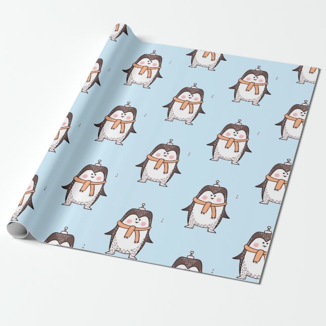 PRESENTE PAPEL DE EMBALAGEM AZUL CLARO PENGUIM FOFO (Desenrolado)