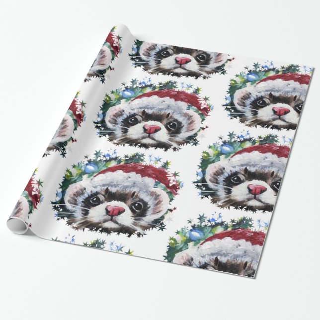 Presente Papel de embalagem de Natal Ferret & Santa Hat (Desenrolado)